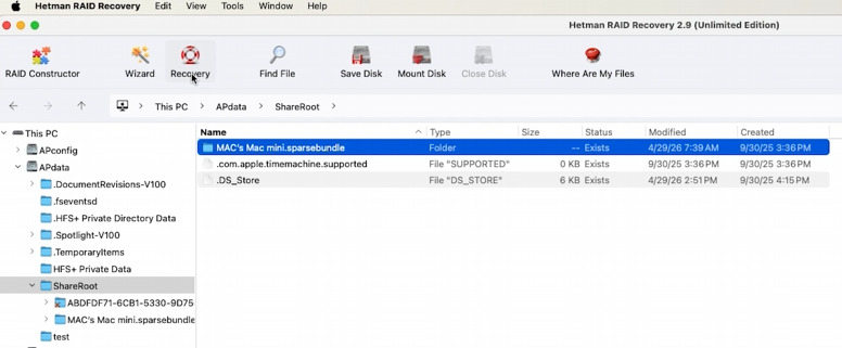 Hetman RAID Recovery: ripristino della cartella sparsebundle