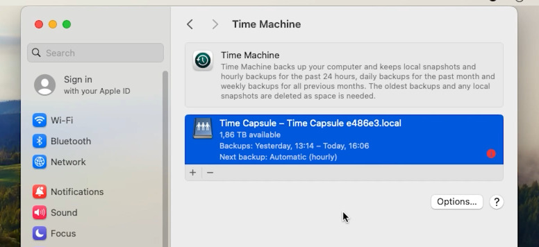 Preferenze di Sistema, sezione Time Machine