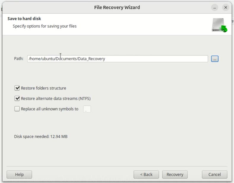 Hetman Partition Recovery: папка для збереження відновлюваних даних