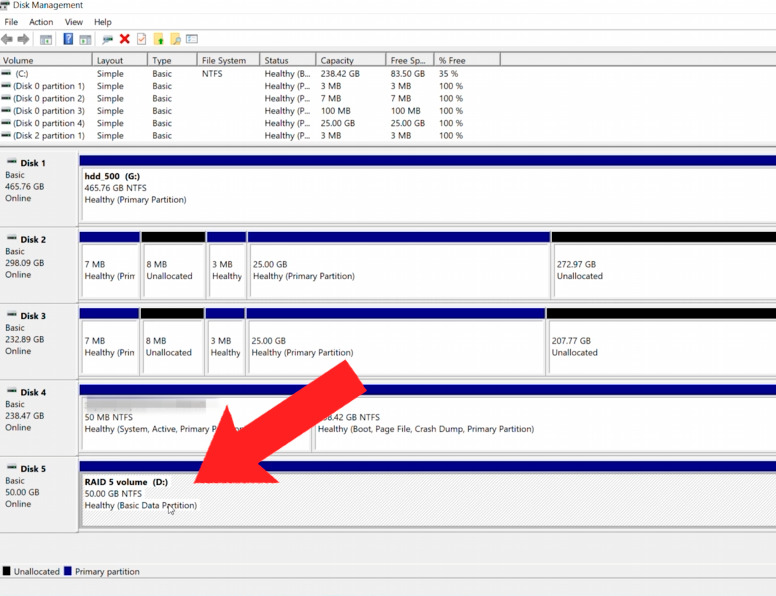 Disk Management: newly created SoftRAID array Disk Management: newly created SoftRAID array