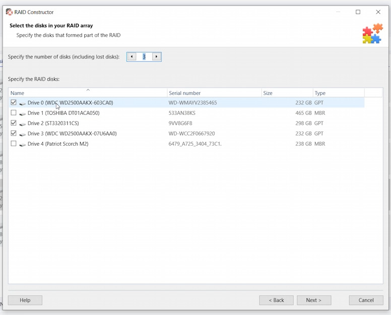 Hetman RAID Recovery: select disks in RAID builder Hetman RAID Recovery: select disks in RAID builder