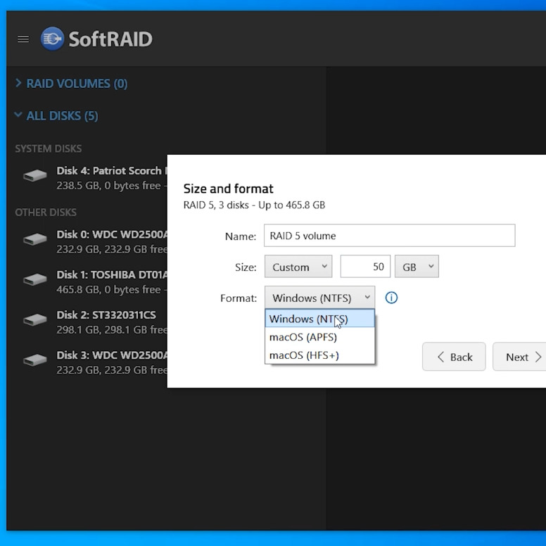 SoftRAID: RAID5 creation settings SoftRAID: RAID5 creation settings