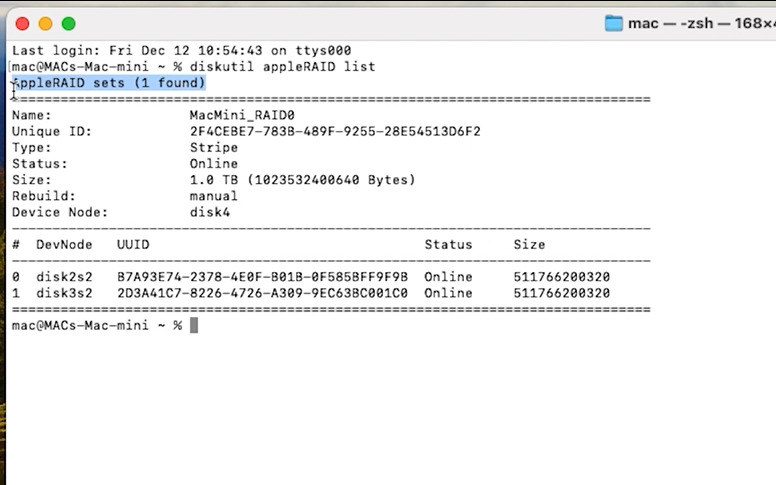 Terminal: diskutil appleRAID list Terminal: diskutil appleRAID list