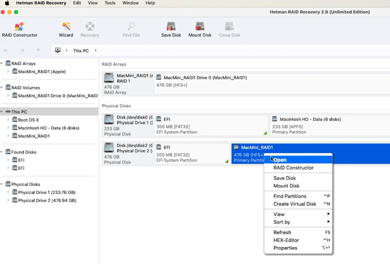 Hetman RAID Recovery: select the RAID volume and double-click it Hetman RAID Recovery: select the RAID volume and double-click it