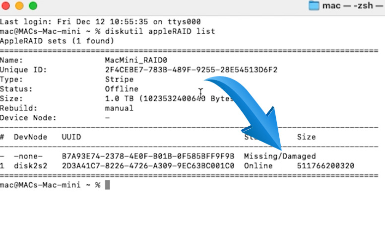 diskutil appleRAID list: array status Missing/Degraded diskutil appleRAID list: array status Missing/Degraded