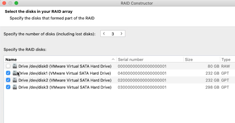 Hetman RAID Recovery: selecting the disks used to create the array