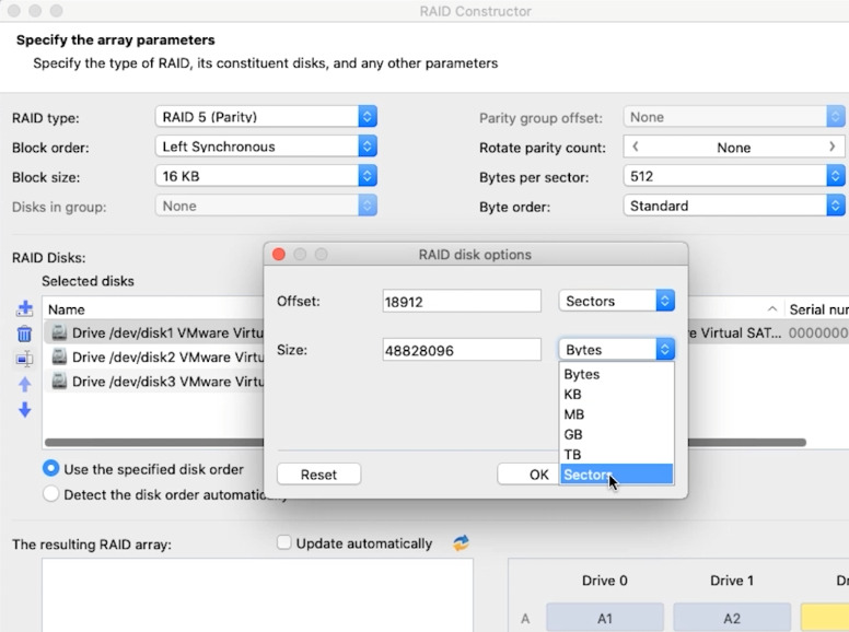 Hetman RAID Recovery: setting First sector and Number of sectors for the array disks
