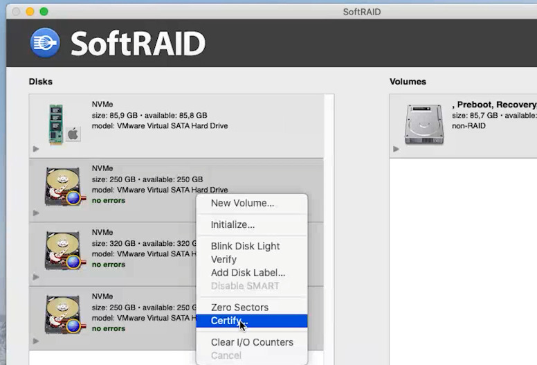 SoftRAID: disks to be included in the array must be Certified
