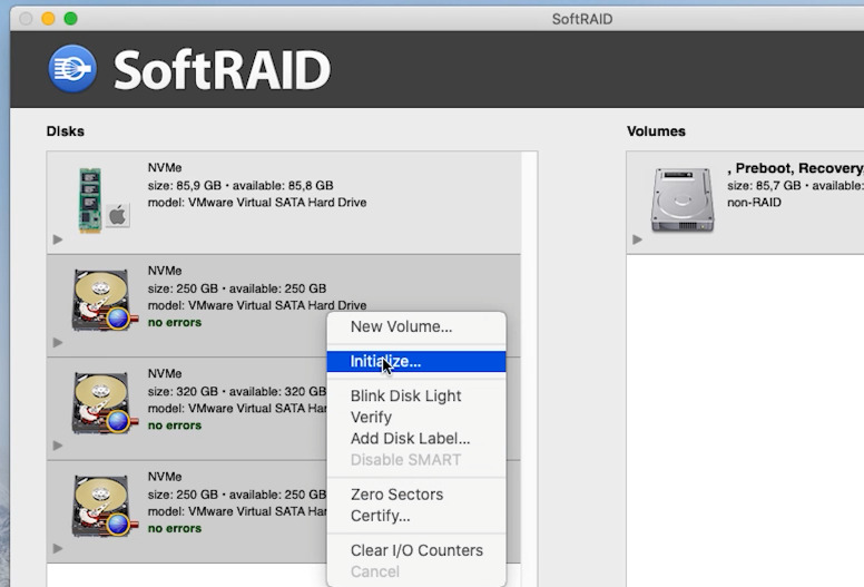 SoftRAID: disks to be included in the array must be Initialized