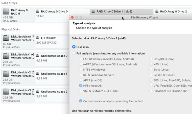 Hetman RAID Recovery: quick scan of the SoftRAID array