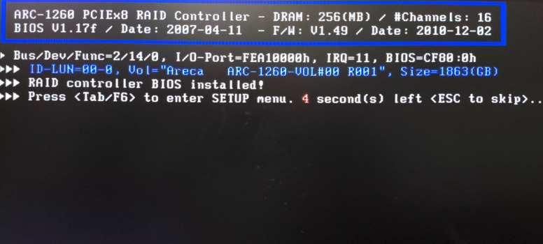 Areca ARC-1260: entering BIOS