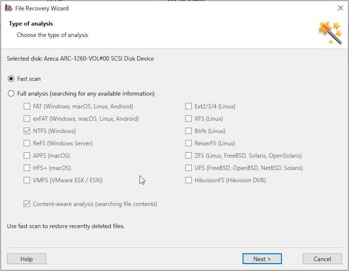 Hetman Partition Recovery: fast scan of Areca ARC-1260 disk