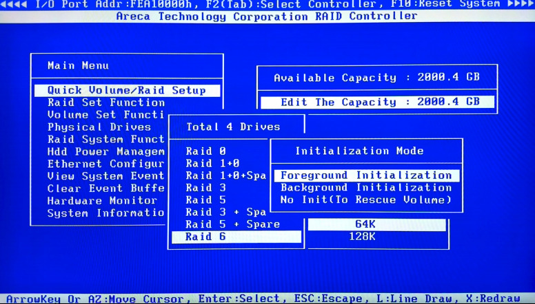 Areca ARC-1260: RAID initialization settings
