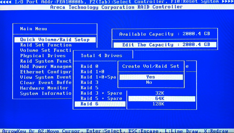 Areca ARC-1260: RAID parameters setup