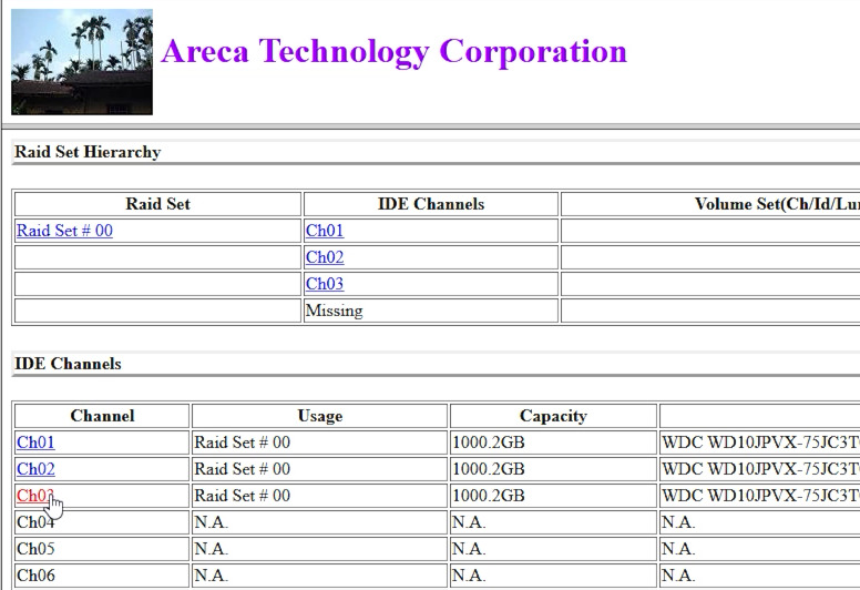 Areca ARC-1260 web interface