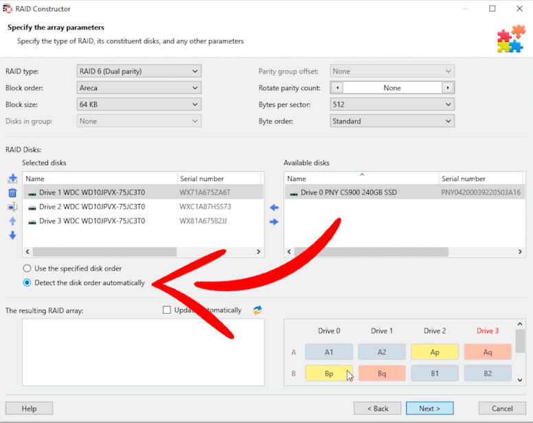 Hetman RAID Recovery: Raid Constructor - Detect the disk order automatically