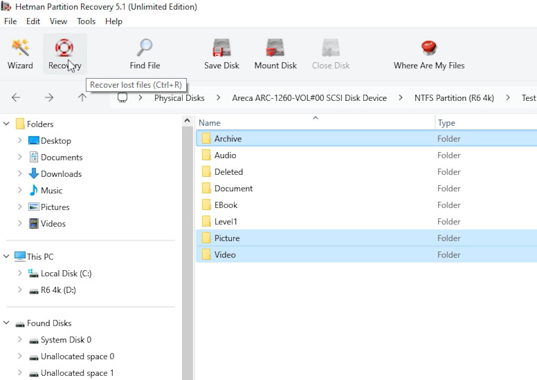 Hetman Partition Recovery: select folders and files and click Recover