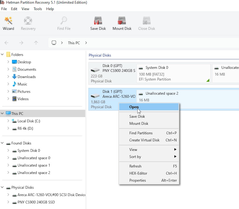 Hetman Partition Recovery: disk created with Areca ARC-1260