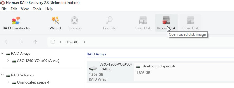 Hetman RAID Recovery: mounting a disk image