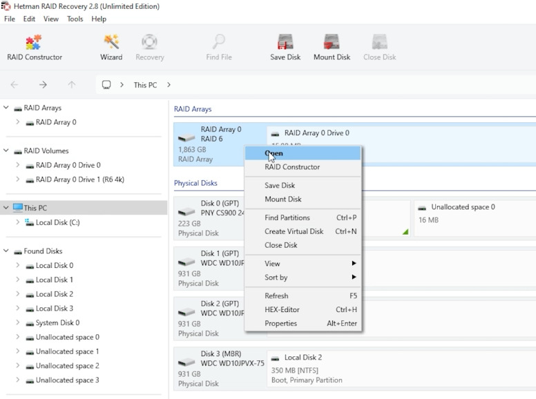 Hetman RAID Recovery: RAID on the application's main screen