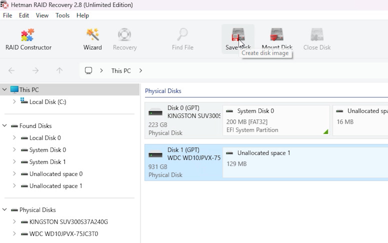 Hetman RAID Recovery: creating a disk image