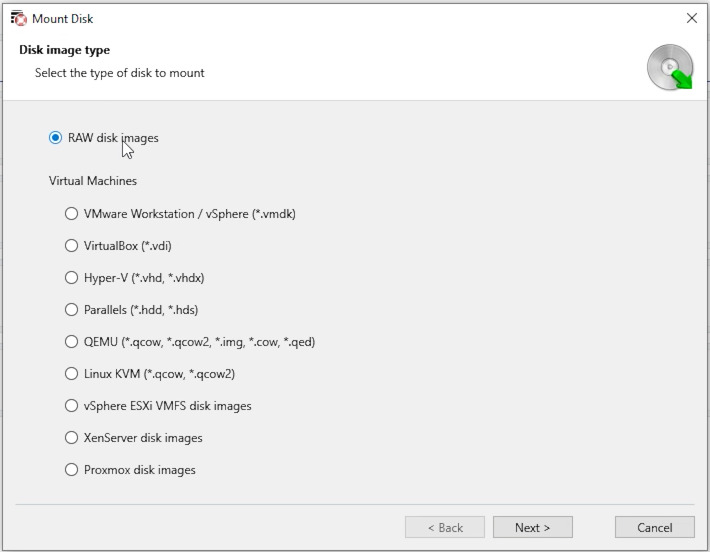 Hetman RAID Recovery: selecting disk image type for mounting