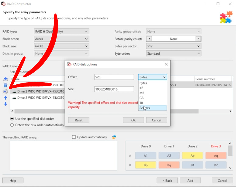 Hetman RAID Recovery: Raid Constructor - Change disk offset/size