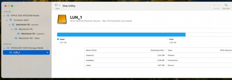 LUN restored and can be mounted and connected to appear in Finder LUN restored and can be mounted and connected to appear in Finder