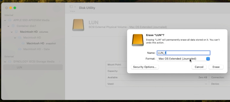Formatting the virtual disk via Disk Utility Formatting the virtual disk via Disk Utility