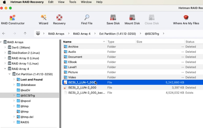 Hetman RAID Recovery: virtual disk in the @iSCSITrg system folder Hetman RAID Recovery: virtual disk in the @iSCSITrg system folder