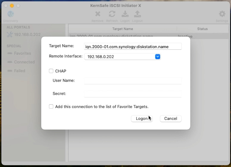 KernSafe iSCSI Initiator: on the main screen click Logon KernSafe iSCSI Initiator: on the main screen click Logon