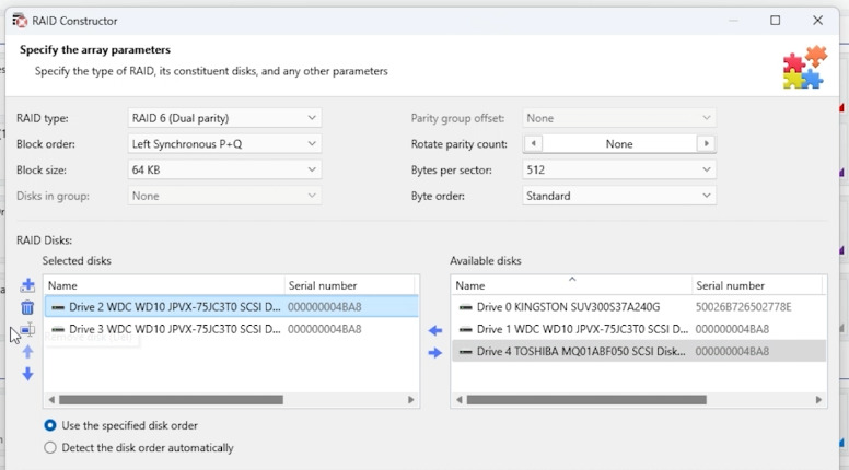 Hetman RAID Recovery: select disks that are part of your RAID array