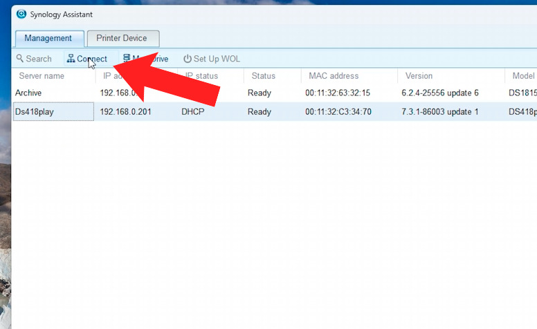Synology Assistant: select the required NAS from the list and click Connect