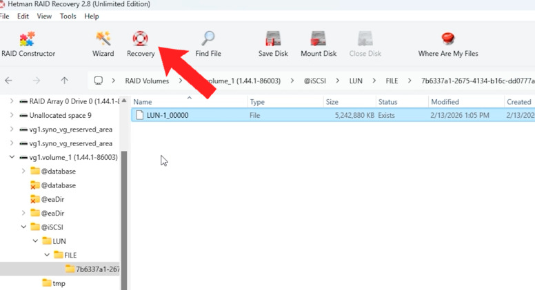 Hetman RAID Recovery: Virtual disk in the @iSCSITrg system folder