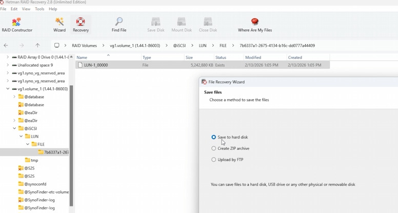 Hetman RAID Recovery: saving the virtual disk to the PC