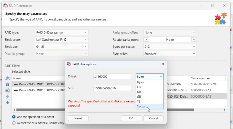 Hetman RAID Recovery: enter the determined offset value in the Offset field