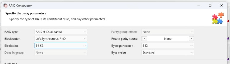 Hetman RAID Recovery: main disk array parameters