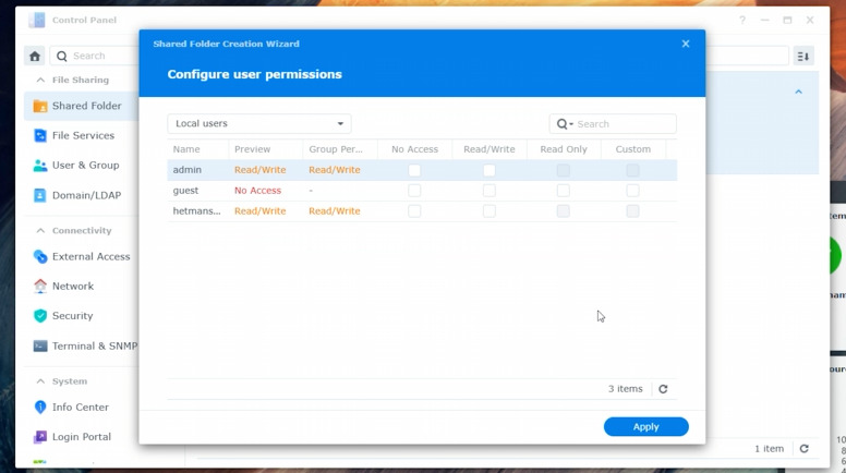 File Station - Shared Folder Creation Wizard – Access permission settings