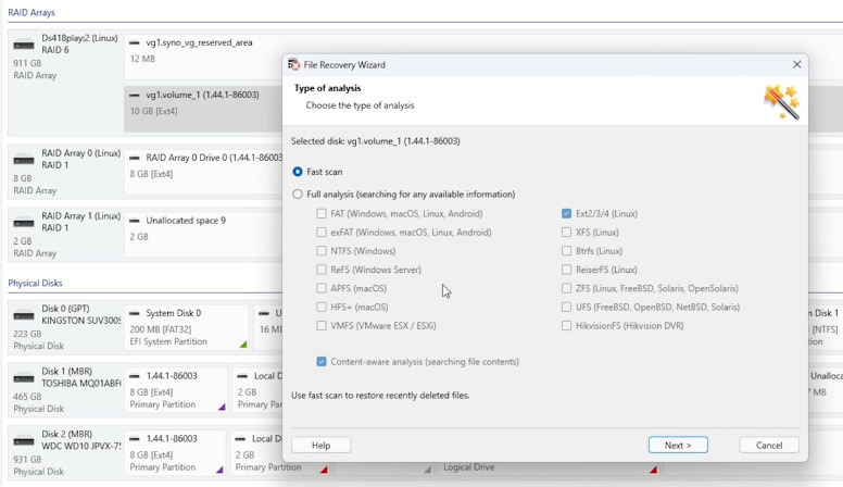 Hetman RAID Recovery: start Fast scan mode