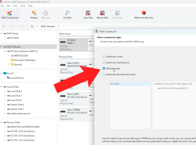 Hetman RAID Recovery: RAID Constructor — Ручной режим Hetman RAID Recovery: RAID Constructor — Ручной режим