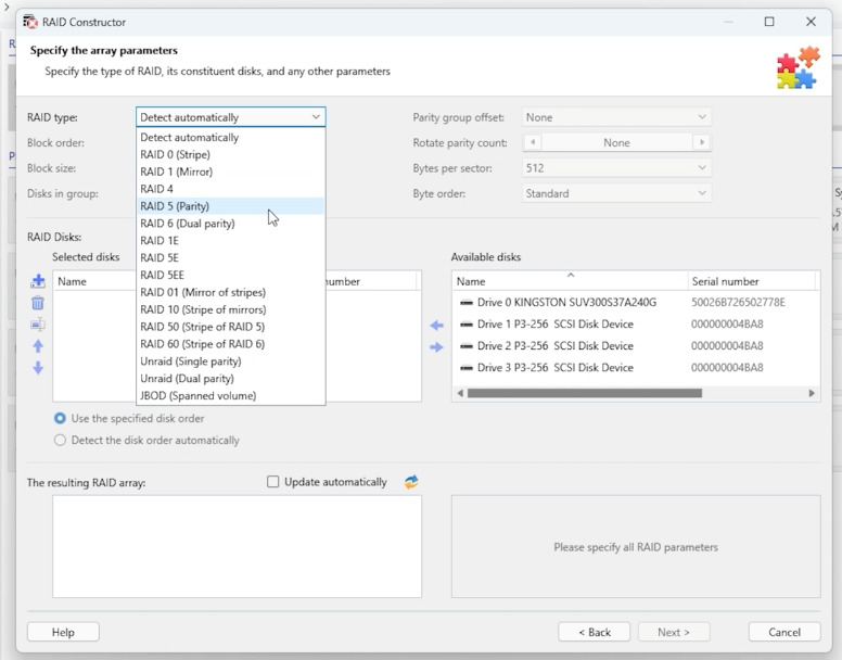 Hetman RAID Recovery: RAID Constructor — параметры массива Hetman RAID Recovery: RAID Constructor — параметры массива