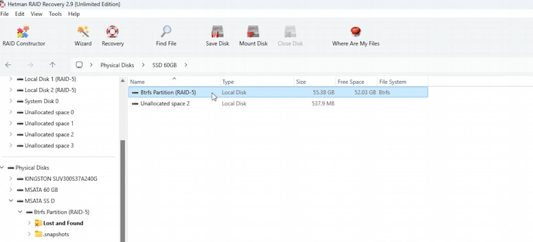 Hetman RAID Recovery: wykryta partycja BTRFS