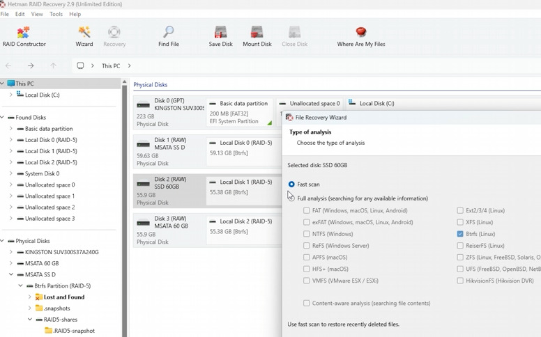 Hetman RAID Recovery: Szybkie skanowanie dysku BTRFS