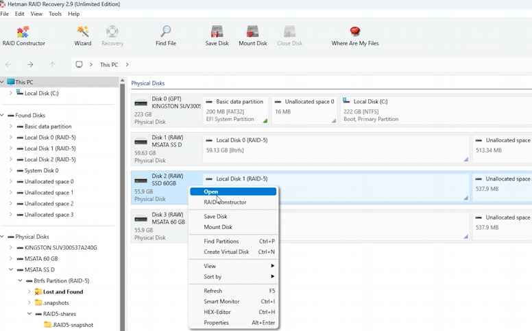 Hetman RAID Recovery: uruchamianie analizy dysku BTRFS