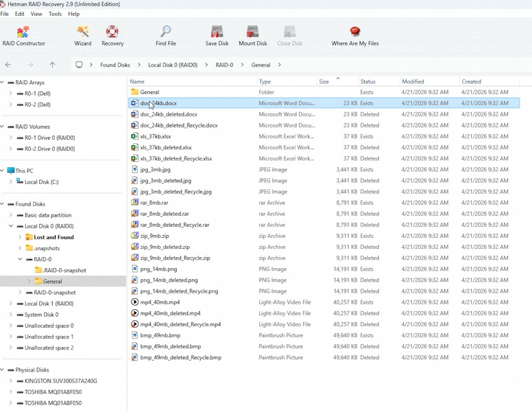 Hetman RAID Recovery: zawartość dysku BTRFS RAID0