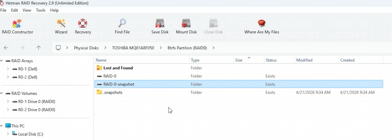Hetman RAID Recovery: folder Migawki dysku BTRFS