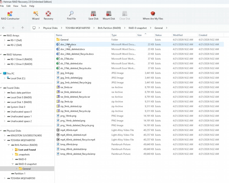 Hetman RAID Recovery: zawartość folderu Migawki dysku BTRFS