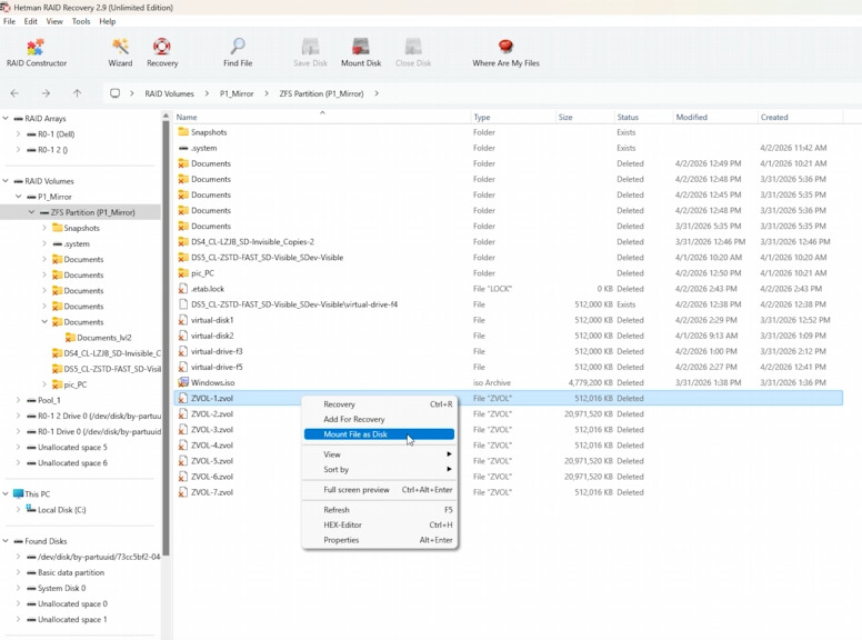Hetman RAID Recovery: mounting ZVOL Hetman RAID Recovery: mounting ZVOL