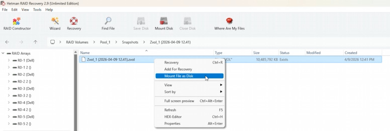 Hetman RAID Recovery: mounting ZFS pool snapshot into the application Hetman RAID Recovery: mounting ZFS pool snapshot into the application