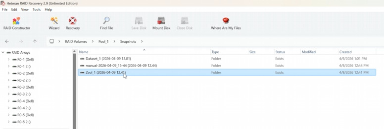 Hetman RAID Recovery: list of snapshots in ZFS pool Hetman RAID Recovery: list of snapshots in ZFS pool